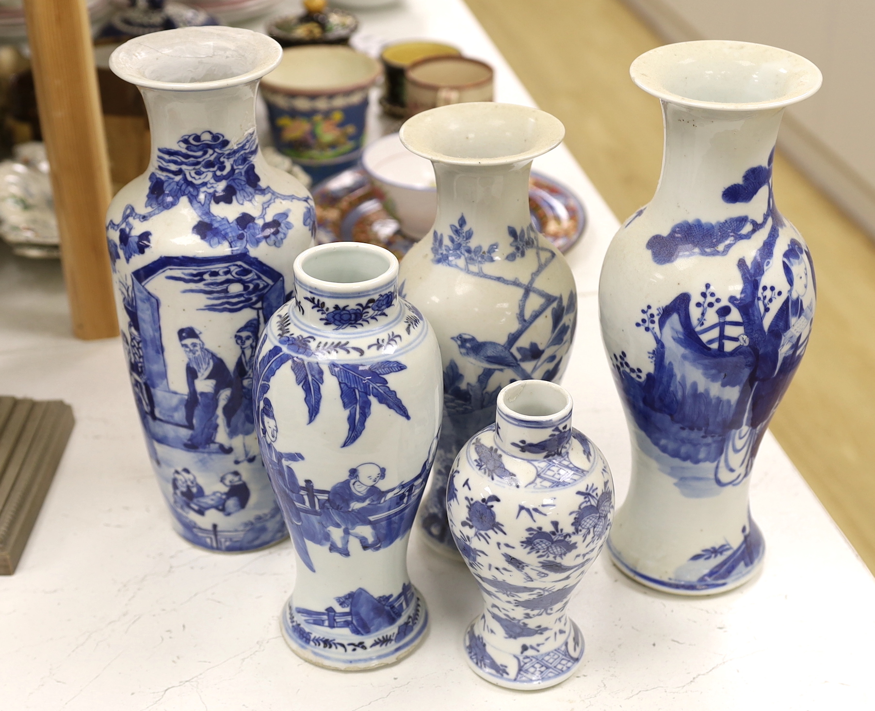 Five assorted 19th century Chinese blue and white vases, tallest 30cm high (a.f.)